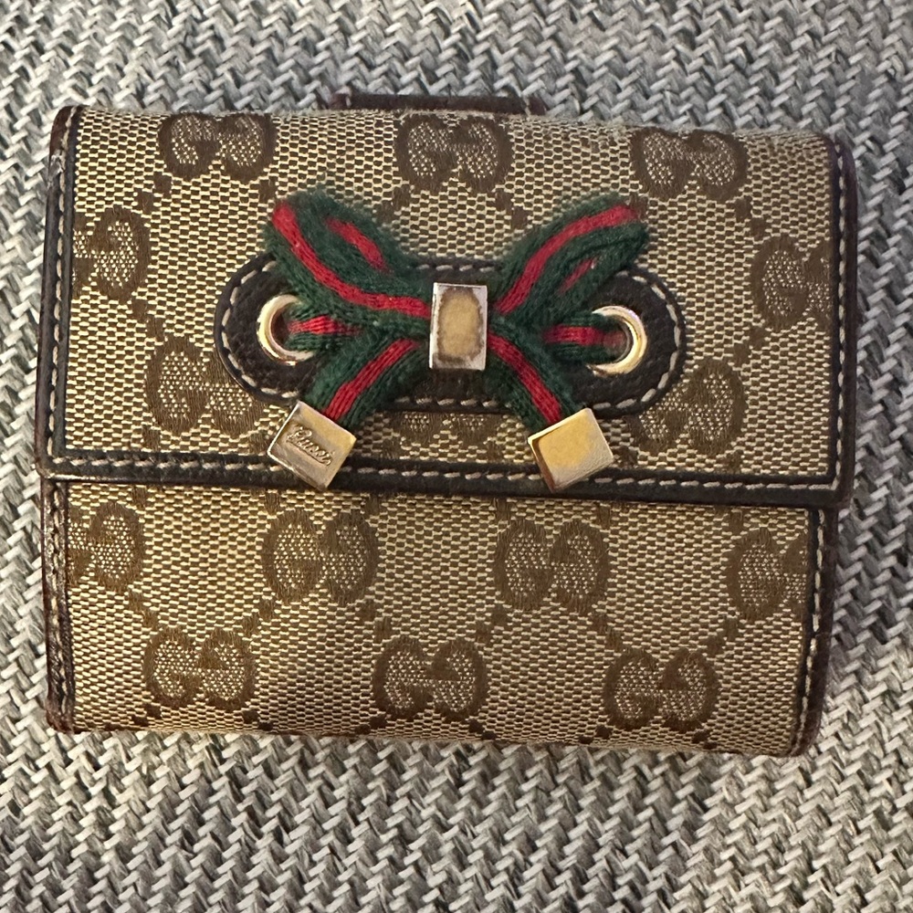 Gucci Beige and Brown Monogram Wallet with Bow